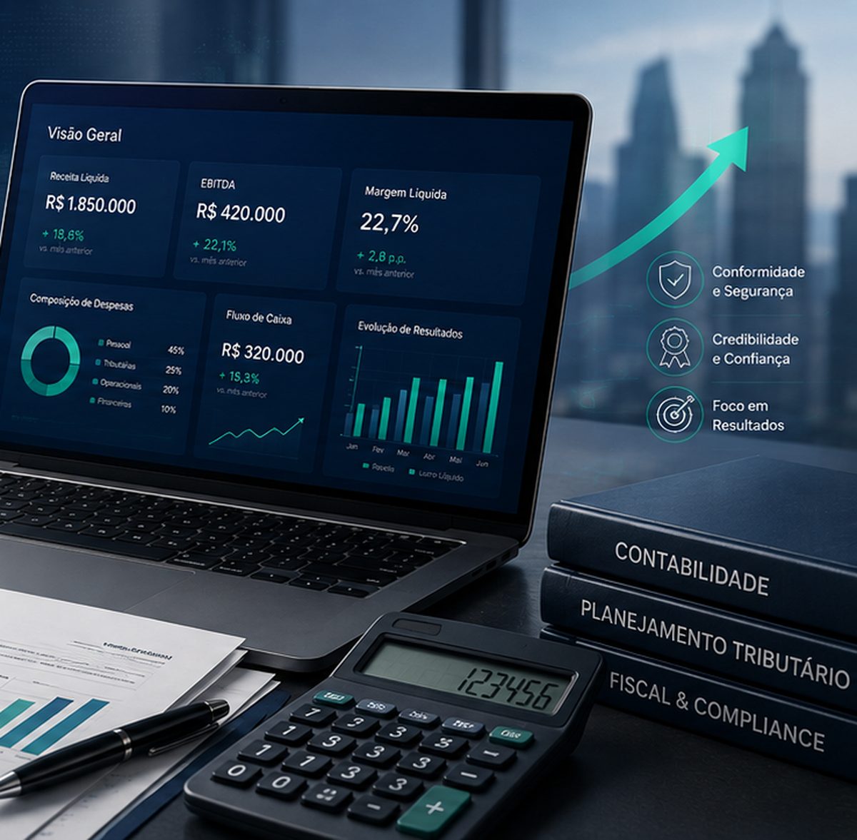 Notebook com painel financeiro, calculadora e livros de contabilidade sobre a mesa, com o skyline ao fundo
